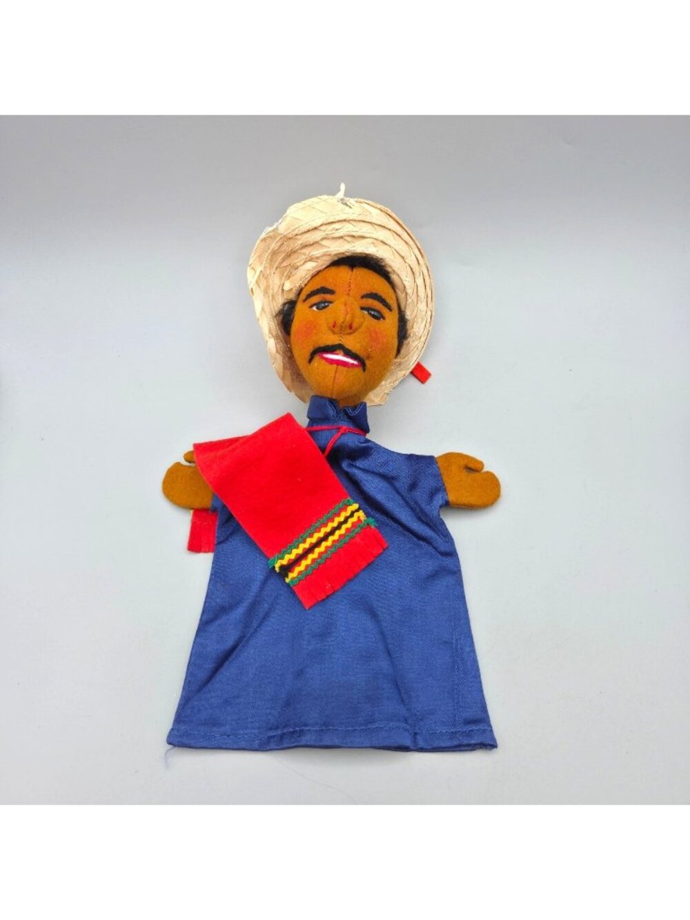 Vintage 1960s Mexican Folk Art Hand Puppet Fabric Felt Straw Hat Serape 10"
